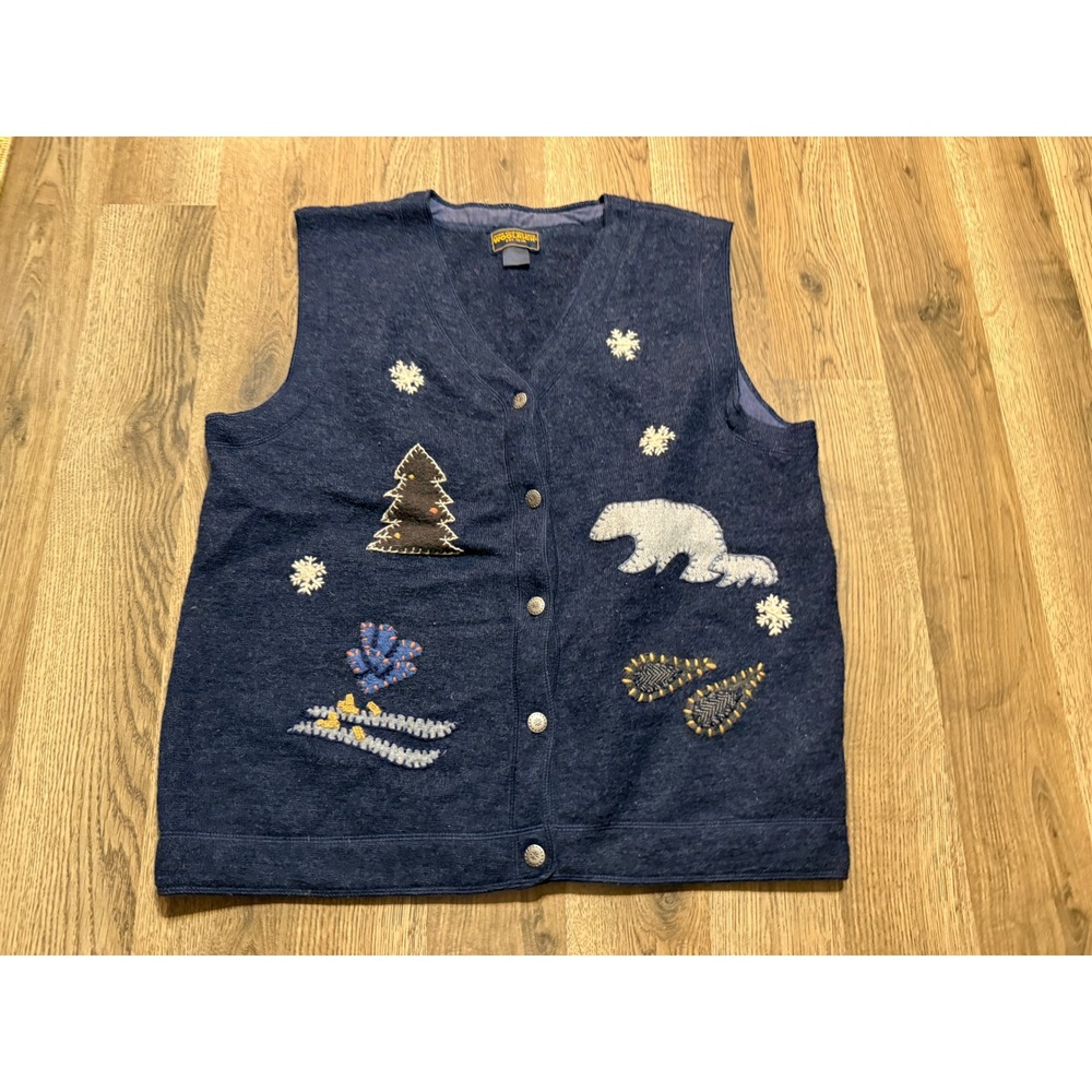 Woolrich Polar Bear Winter Scene Womens Size L Navy Knit Vest Embroidered Detail